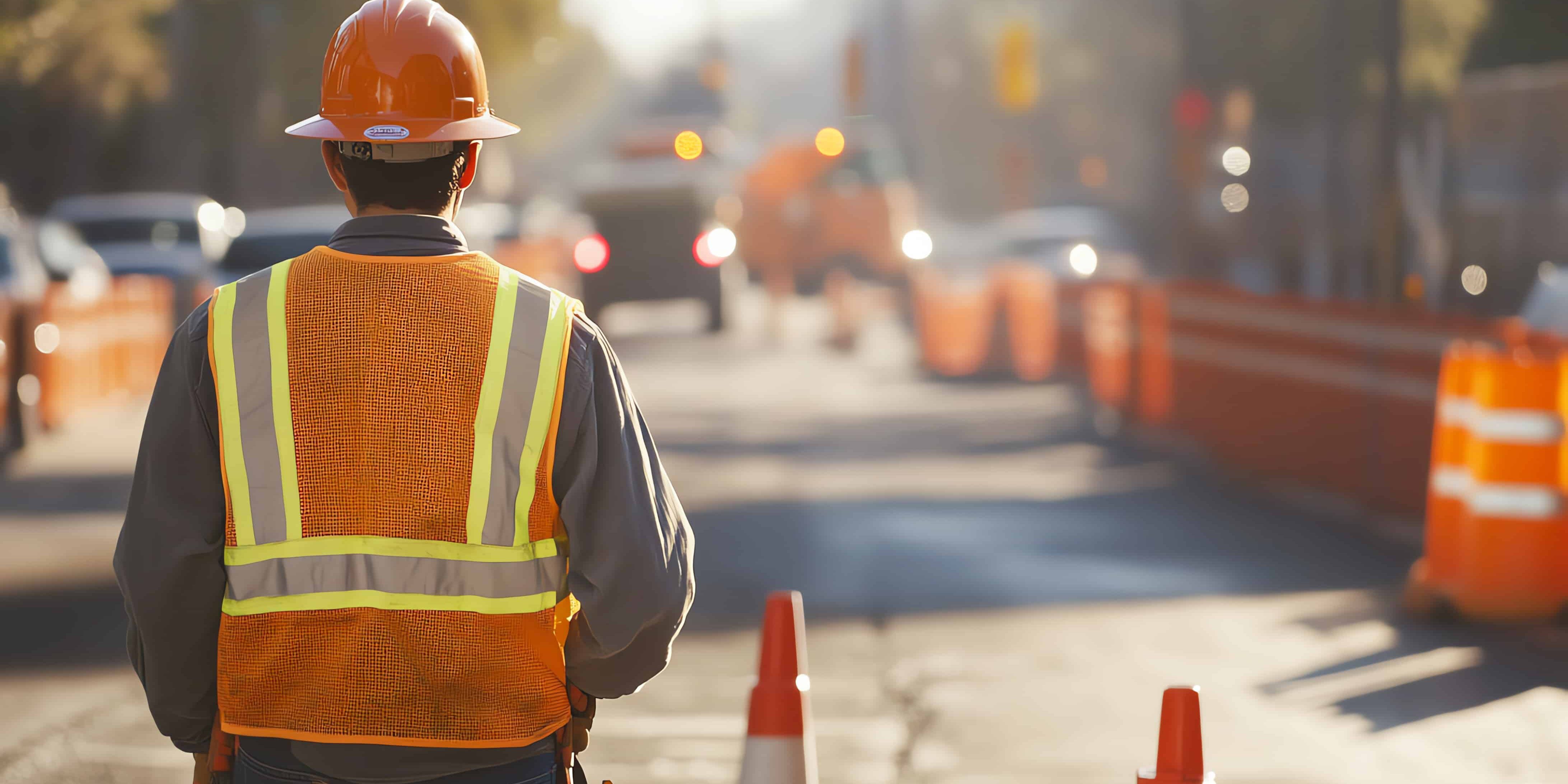 Construction worker directing traffic around a roadwork zone, ensuring safety, road construction, traffic control