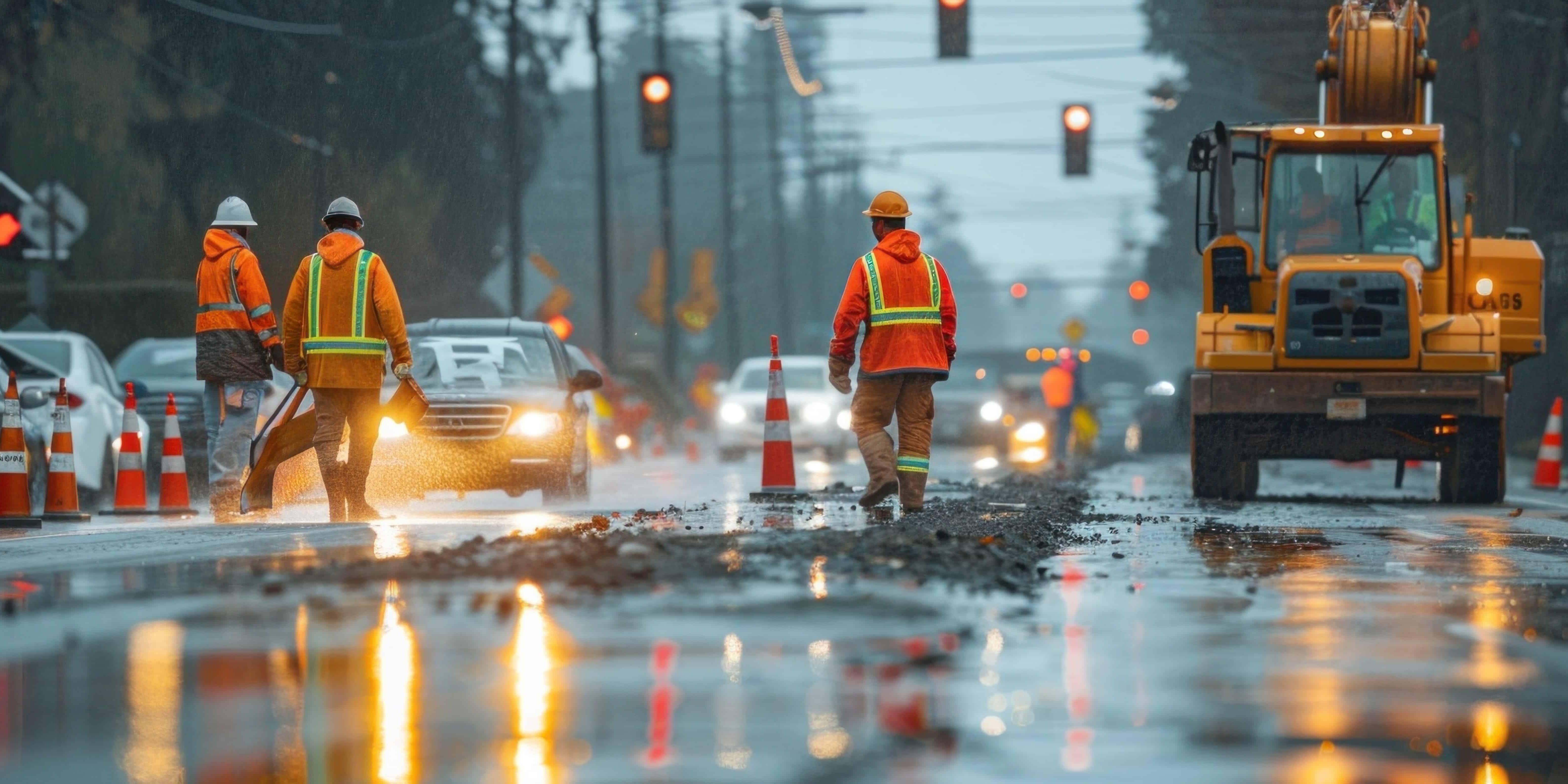 Road construction workers in yellow raincoats improving infrastructure during heavy rainstorm