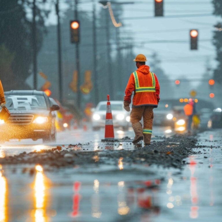 Road construction workers in yellow raincoats improving infrastructure during heavy rainstorm